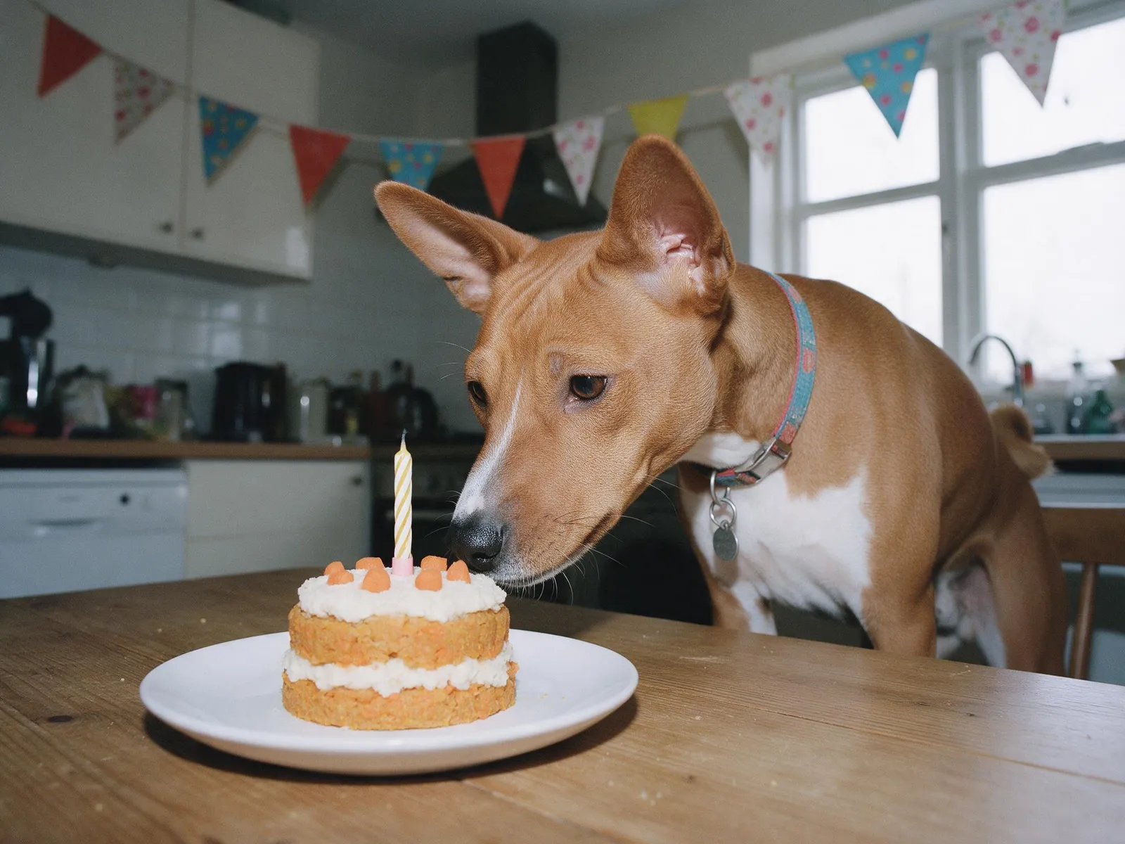 A dog sniffing a birthday cake