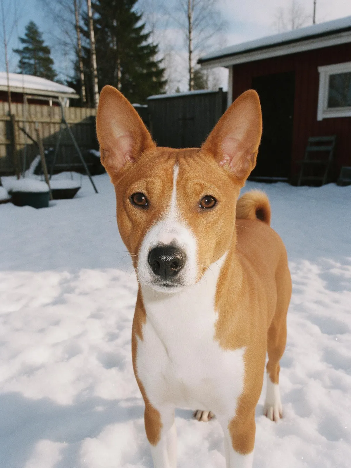 A Basenji in the snow