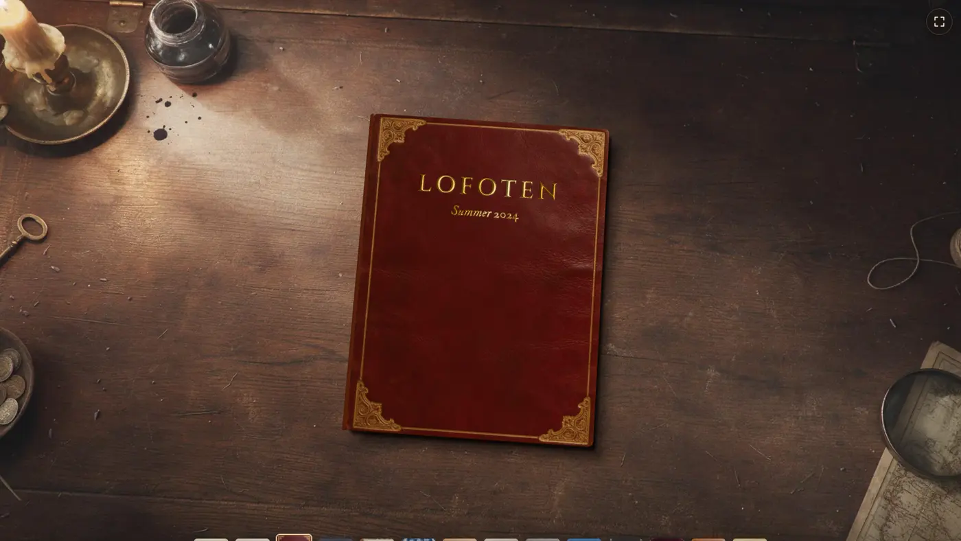A leather-bound album titled Lofoten lying on an old oak desk, with the album strip along the bottom