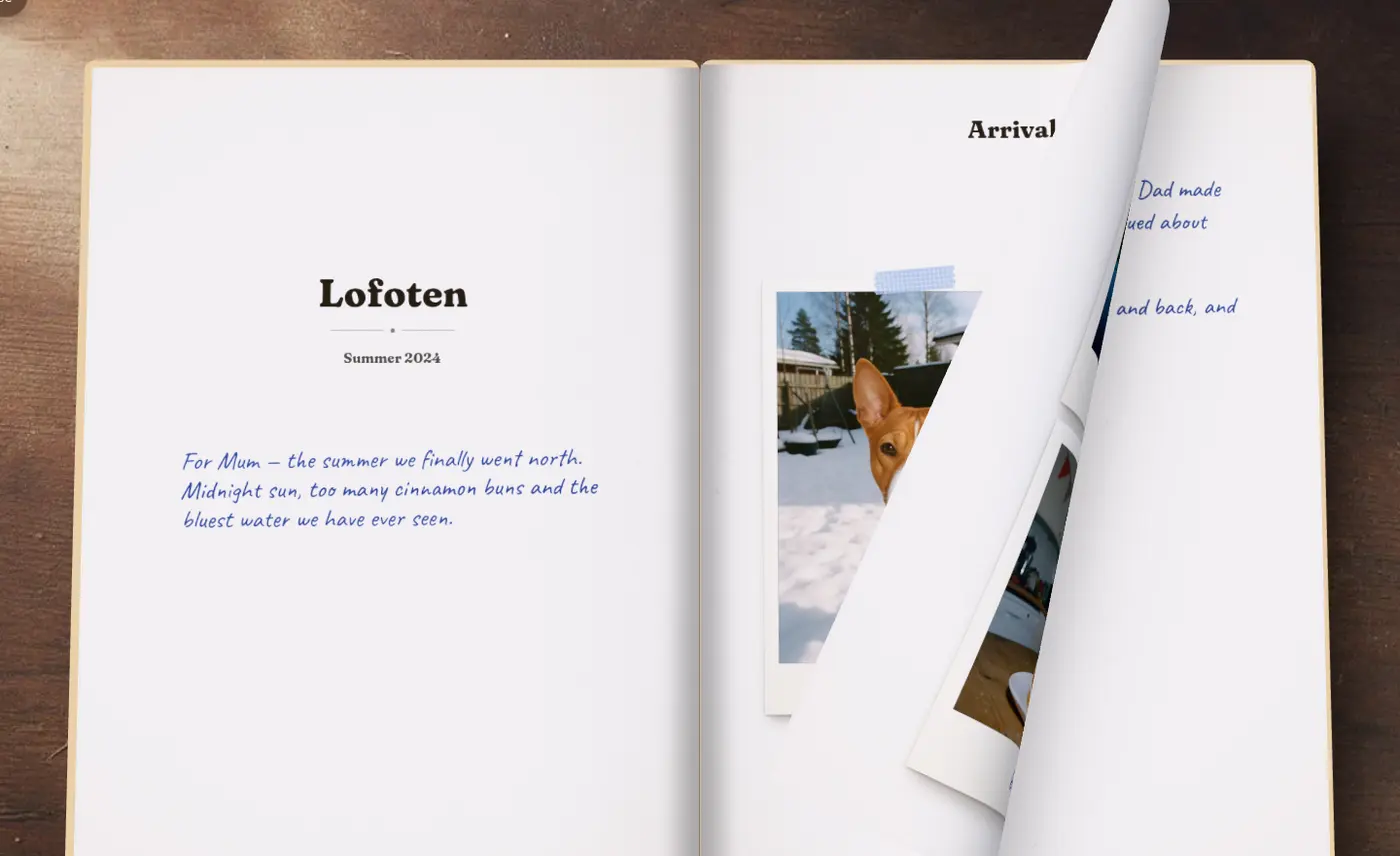 An open album with a page curling over, showing polaroids taped onto white paper